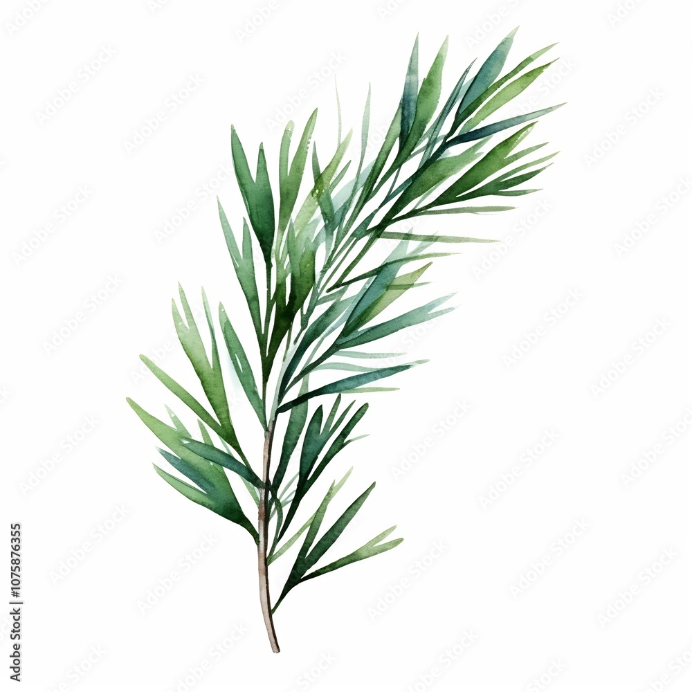 Vibrant Watercolor Evergreen Sprig - Delicate Winter Greenery on White Background Vibrant Watercolor Evergreen Sprig - Delicate Winter Greenery on White Background