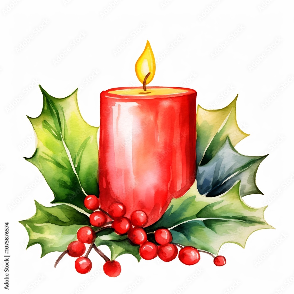 Warm Glowing Watercolor Candle with Vibrant Holly Leaves on White Background Warm Glowing Watercolor Candle with Vibrant Holly Leaves on White Background