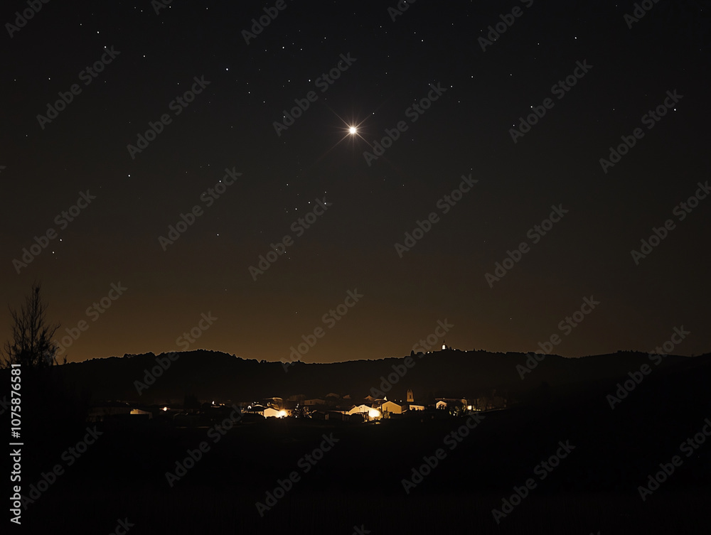 A minimalist night sky with a bright, singular star over a small town silhouette in the distance, representing Bethlehem A minimalist night sky with a bright, singular star over a small town silhouette in the distance, representing Bethlehem