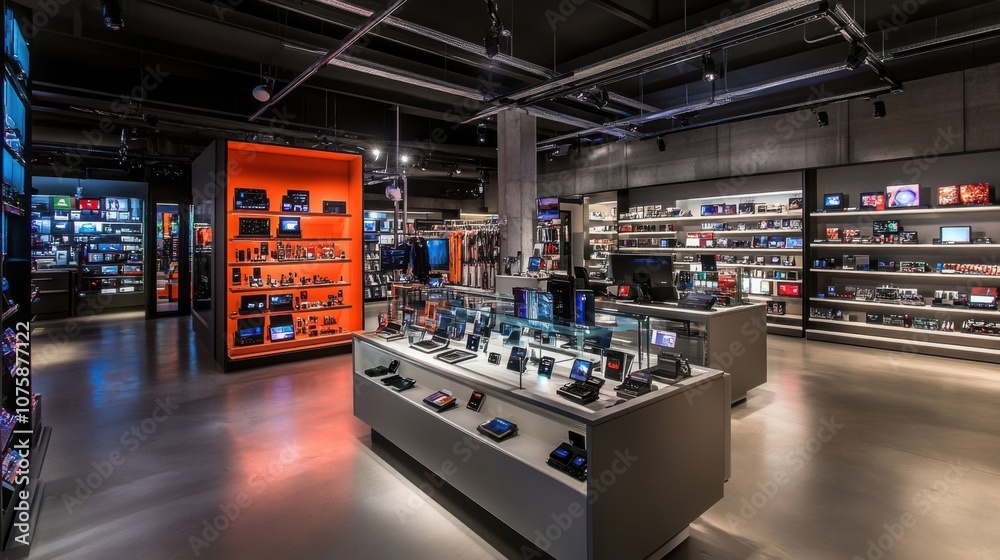 A modern electronics store with bright lighting, A modern electronics store with bright lighting,