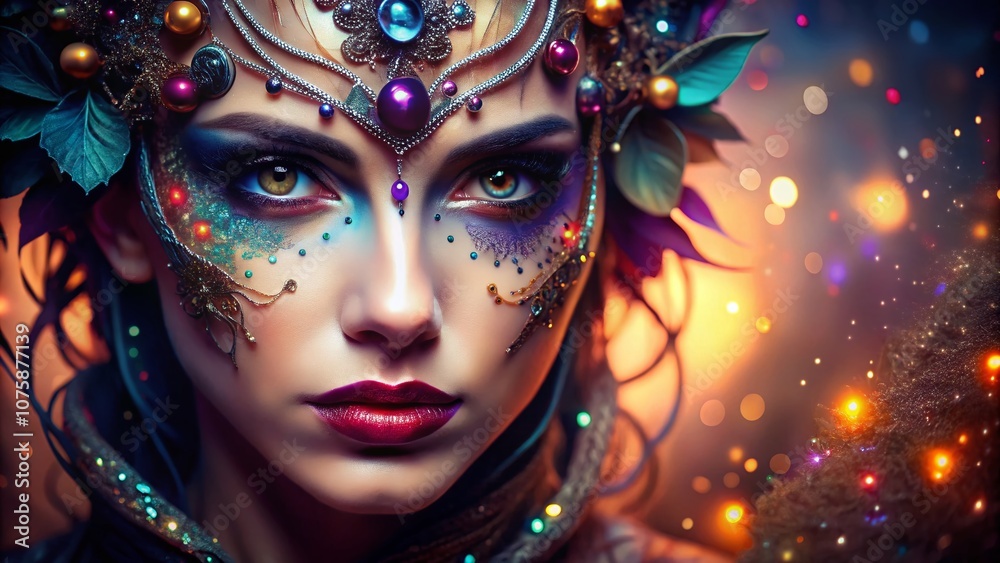 Enchanting Makeup for Witches: A Mystical Bokeh Effect Portrait Showcasing Spellbinding Face Art and Glamorous Accents Perfect for Halloween or Themed Events Enchanting Makeup for Witches: A Mystical Bokeh Effect Portrait Showcasing Spellbinding Face Art and Glamorous Accents Perfect for Halloween or Themed Events