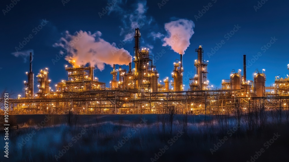 Obraz premium A panoramic view of a high-tech oil refinery at night, lights