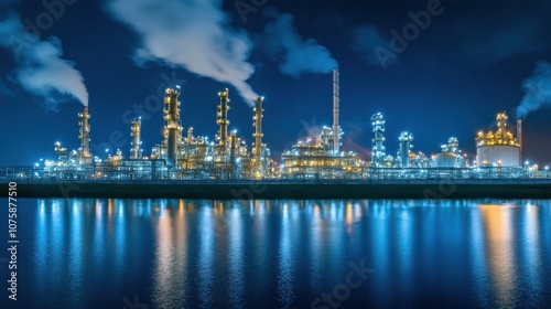 A panoramic view of a high-tech oil refinery at night, lights