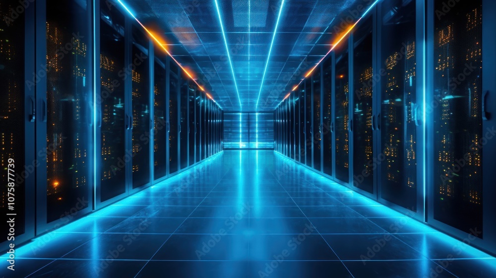 Fototapeta premium Server Room with Blue Neon Lights