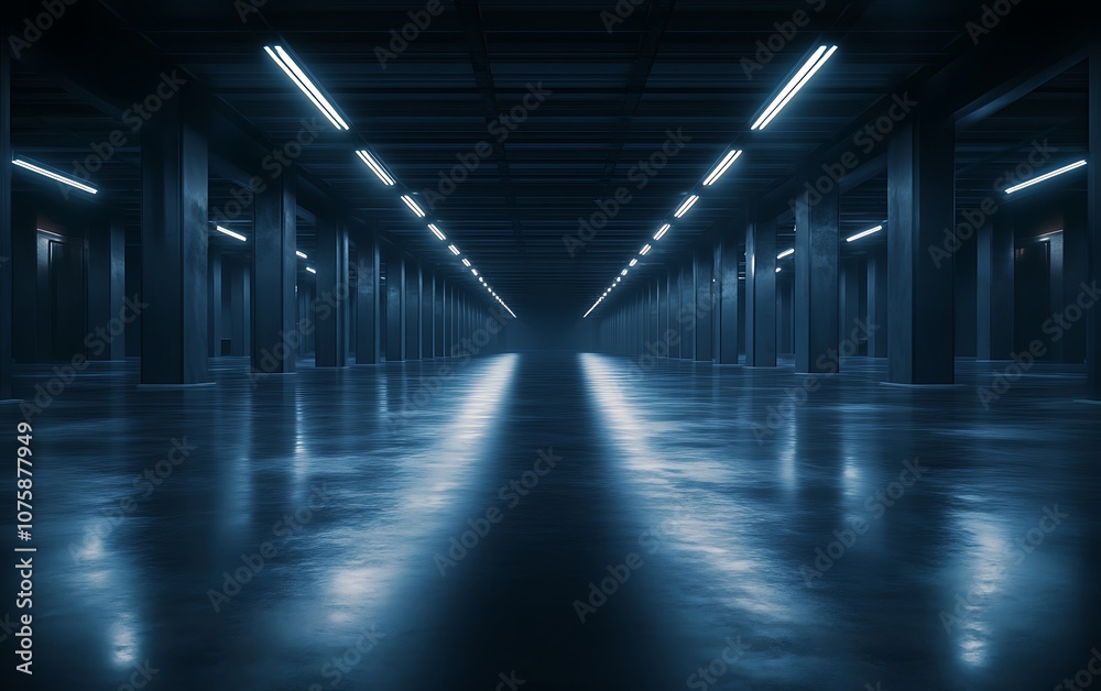 A dimly lit industrial space with concrete pillars and a glossy floor, illuminated by cool blue lights, creating a mysterious and expansive atmosphere. A dimly lit industrial space with concrete pillars and a glossy floor, illuminated by cool blue lights, creating a mysterious and expansive atmosphere.