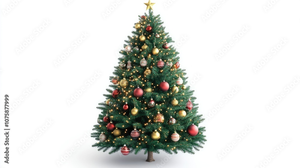 A bright and festive Christmas tree with decorations and twinkling lights, set against a pure white background. A bright and festive Christmas tree with decorations and twinkling lights, set against a pure white background.