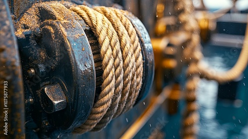 Close-up of a Rope Winding Around a Ship's Winch