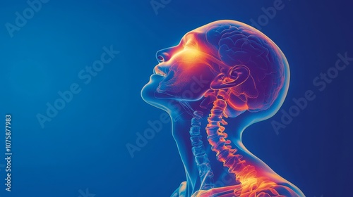 Illustration of human head pain, with a blue background and a glowing red and orange area around the joint in focus 
