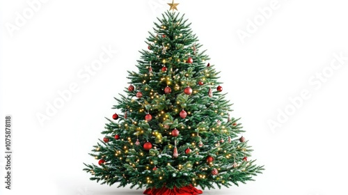 A bright and festive Christmas tree with decorations and twinkling lights, set against a pure white background.