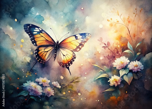 Ethereal Low Light Photography of a Watercolor Butterfly Amidst Soft Shadows and Gentle Hues, Capturing the Delicate Beauty and Vibrant Colors of Nature in a Dreamlike Atmosphere