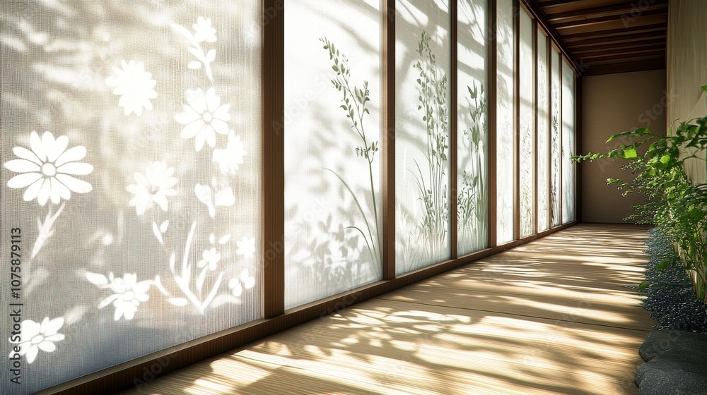 A serene interior with floral-patterned screens casting shadows on the floor. A serene interior with floral-patterned screens casting shadows on the floor.