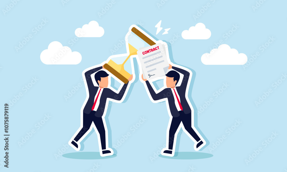 two businessmen clash with items they carry, one hold a hourglass and the other a contract paper, illustration of debate over strategies to finish a dateline project with limited contracts two businessmen clash with items they carry, one hold a hourglass and the other a contract paper, illustration of debate over strategies to finish a dateline project with limited contracts