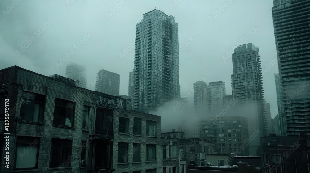 Fototapeta premium Foggy urban skyline with towering buildings.