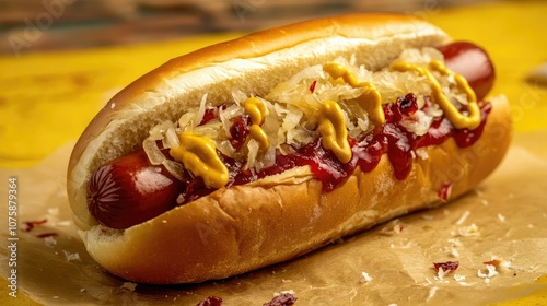 A hot dog with ketchup, mustard, and sauerkraut, styled on a vibrant yellow background for a street-food vibe.