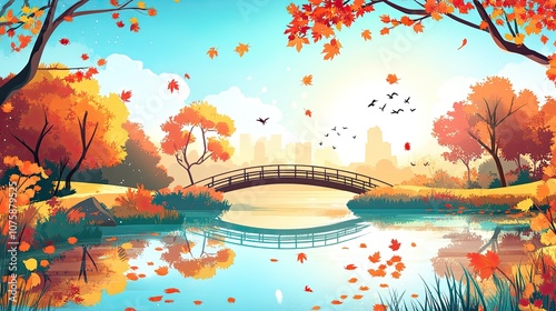 A manga-style autumn landscape with colorful leaves, a reflective lake, and a sunlit bridge crossing.