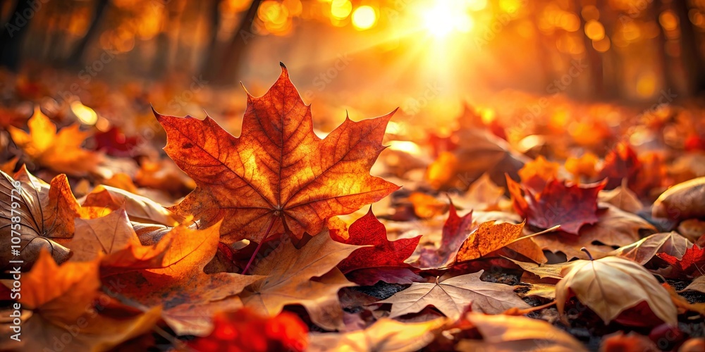 A single autumn leaf bathed in warm sunlight, surrounded by a carpet of colorful leaves in a forest setting. A single autumn leaf bathed in warm sunlight, surrounded by a carpet of colorful leaves in a forest setting.