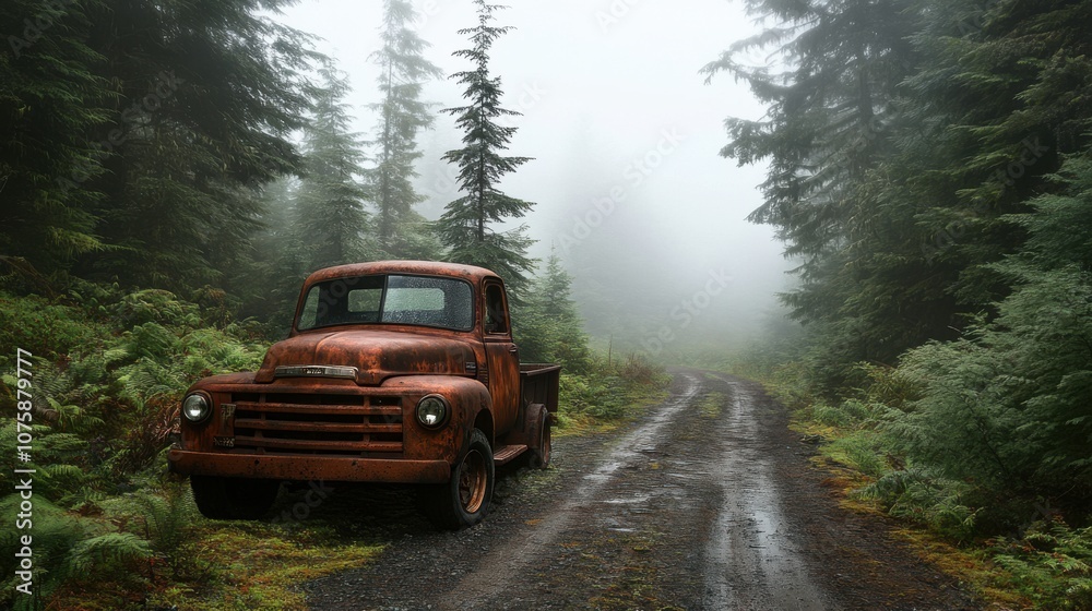 A rusted truck sits alone on an overgrown dirt road in a misty forest, A rusted truck sits alone on an overgrown dirt road in a misty forest,