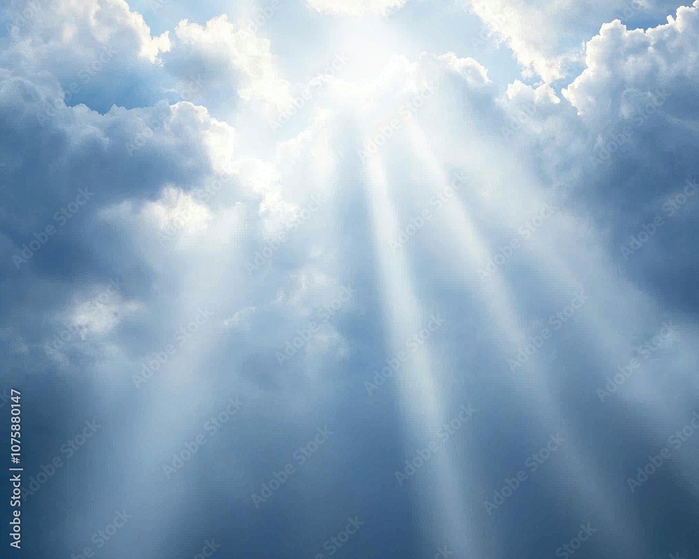 A serene sky with rays of sunlight breaking through fluffy clouds, creating a peaceful and uplifting atmosphere. A serene sky with rays of sunlight breaking through fluffy clouds, creating a peaceful and uplifting atmosphere.