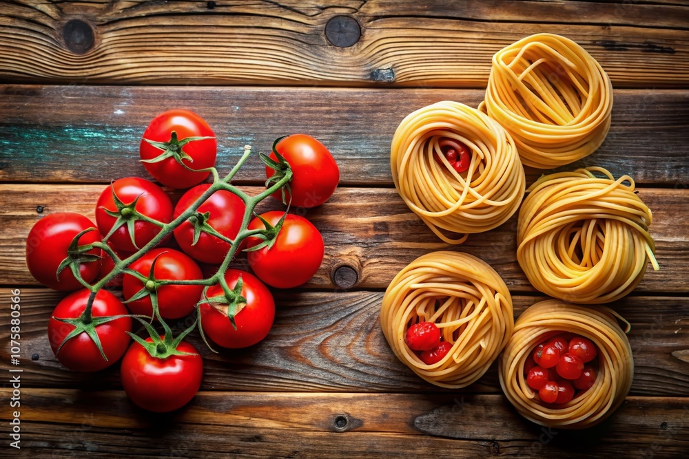 Fresh Red Spaghetti and Raw Tomatoes on Rustic Table for Healthy Meal, Bio Product, Pasta Ingredients, and Snack Inspiration, Copy Space for Food Photography Background Fresh Red Spaghetti and Raw Tomatoes on Rustic Table for Healthy Meal, Bio Product, Pasta Ingredients, and Snack Inspiration, Copy Space for Food Photography Background