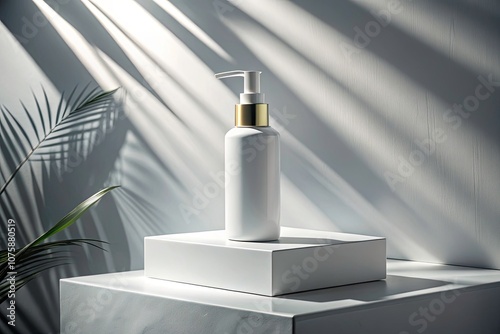 Vintage Style White Cosmetic Bottle Mockup on Cube Podium with Shadows for Skincare and Beauty Product Photography