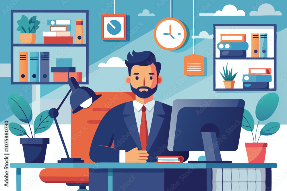modern office workspace with businessman at computer vector illustration. modern office workspace with businessman at computer vector illustration.