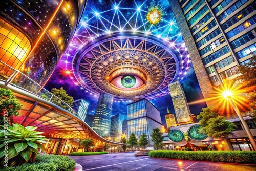 Wallpaper Mural Futuristic Architectural Photography Blending Astrology Elements with an Eye Symbol, Capturing the Intersection of Cosmic Energy and Urban Design in a Stunning Visual Composition Torontodigital.ca