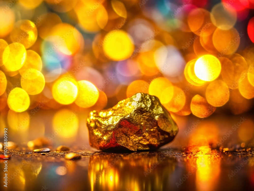 Gleaming Gold Nugget Glimmering Amidst a Colorful Bokeh Background, Capturing the Essence of Precious Metals in a Candid Photography Style