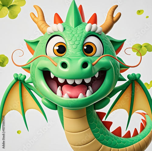 A small green dragon with a cute and adorable 3D appearance, has big eyes and small wings. Its appearance is round and friendly, making it look like a cute character in a cartoon. 