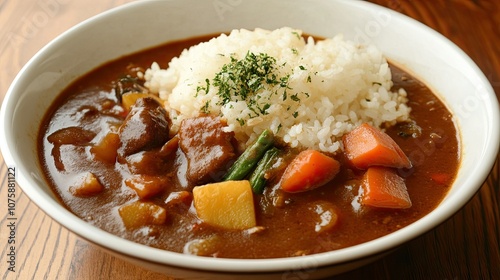 Bowl of Japanese curry rice, filled with vegetables, rich and hearty