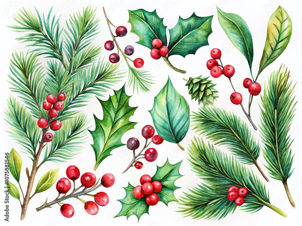 Hand Painted Watercolor Clip Art Collection of Evergreen Plants for Christmas Decoration Featuring Mistletoe, Fir Tree Branches, and Holly with Red Berries for Holiday Inspiration