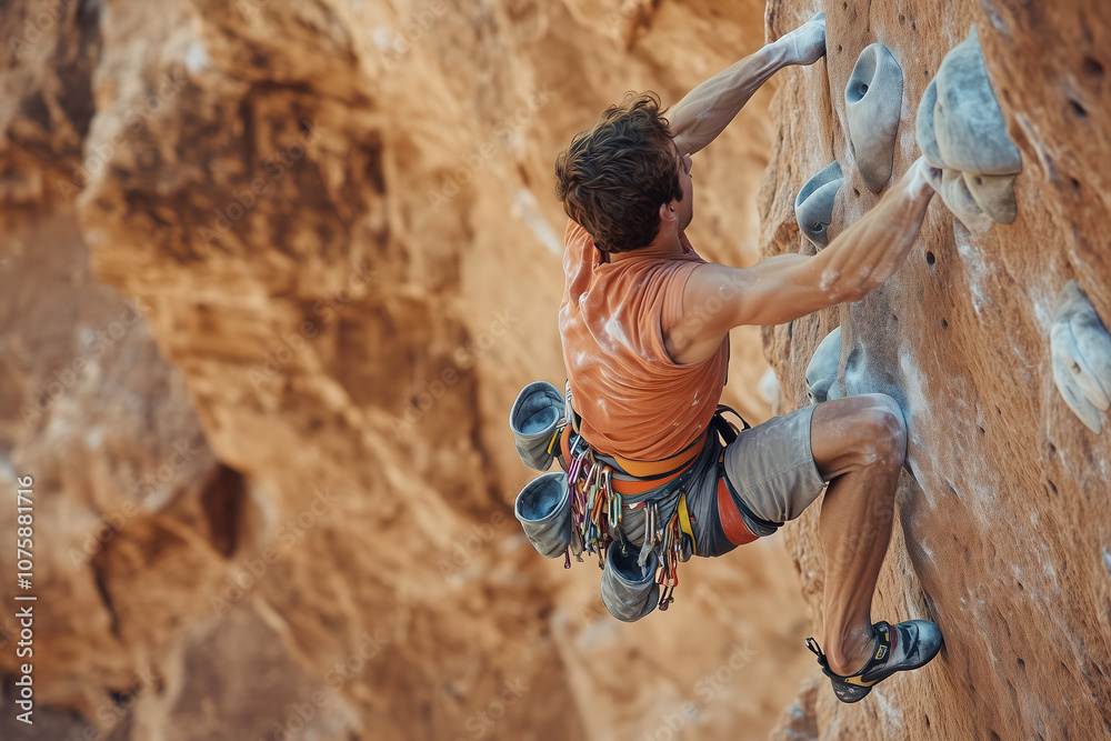 Portrait of rock climber on the cliff with grip spot, Selective focus muscle man on rock climbing on the cliff. Portrait of rock climber on the cliff with grip spot, Selective focus muscle man on rock climbing on the cliff.