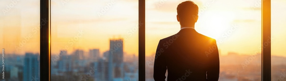 A man in a suit stands by a large window, gazing at a sunset over a city skyline, symbolizing ambition and reflection. A man in a suit stands by a large window, gazing at a sunset over a city skyline, symbolizing ambition and reflection.