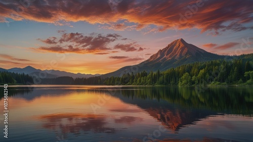 for screen window computer, image of mountain landscape at sunset, with rugged peaks and dense green forests reflected in a calm lake. 