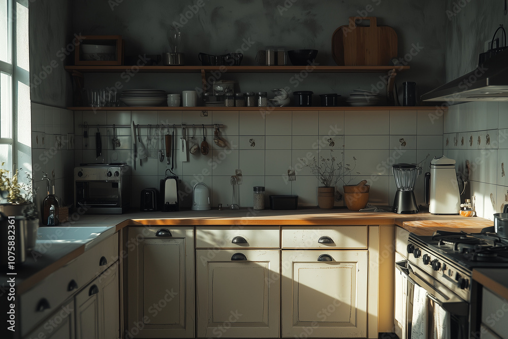 Interior design of homie kitchen with plenty of food ingredient on wooden shelf, Kitchen with counter bar and dining table.