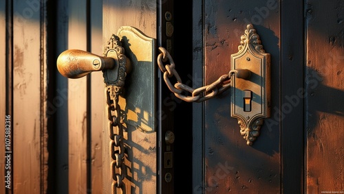 Locked doors. Old door latch. The locking mechanism on the old door. Close-up view of the door lock with a chain. Locked doors locked chain in closeup view. photo