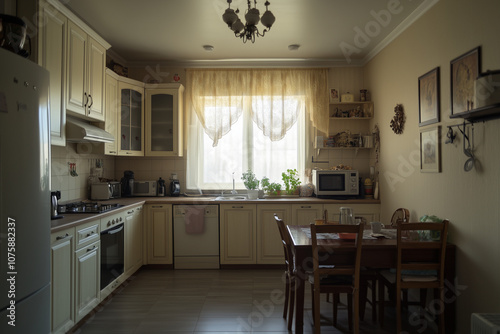 Interior design of homie kitchen with plenty of food ingredient on wooden shelf, Kitchen with counter bar and dining table. photo