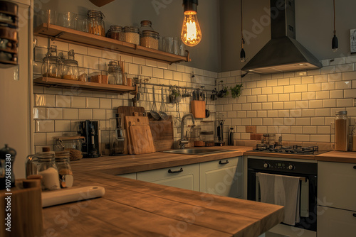 Interior design of homie kitchen with plenty of food ingredient on wooden shelf, Kitchen with counter bar and dining table. photo