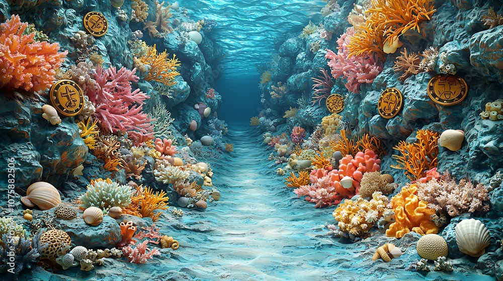 Obraz premium Underwater Treasure Coral Reef with Golden Coins and Shells