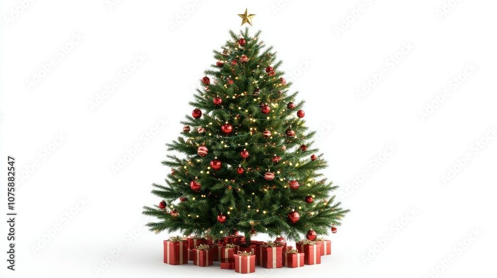 Christmas tree filled with festive decorations on a white background, creating a clean and bright holiday scene. Christmas tree filled with festive decorations on a white background, creating a clean and bright holiday scene.
