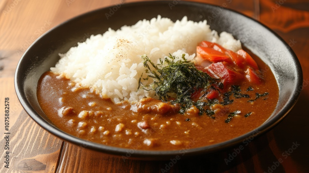 Classic Japanese curry rice, comforting dish with rich, thick curry Classic Japanese curry rice, comforting dish with rich, thick curry