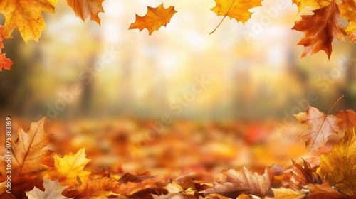 Close-up on vivid autumn leaves in the park, blurred background highlights seasonal colors.