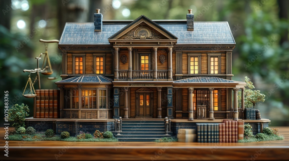 Fototapeta premium A detailed model of a grand house with legal symbols.