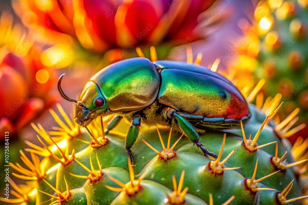 Fototapeta premium Kerns Flower Scarab Euphoria kernii Resting on a Prickly Pear Cactus Under the Afternoon Sunlight, Showcasing Nature's Intricate Beauty and Vibrant Colors in Macro Photography