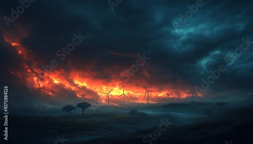 A dramatic landscape featuring dark clouds and fiery orange hues, set against silhouettes of wind turbines and a distant horizon.