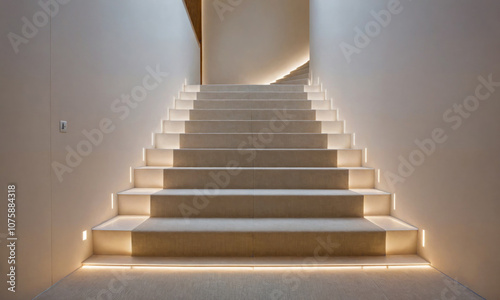 A staircase with a lighted step in the middle