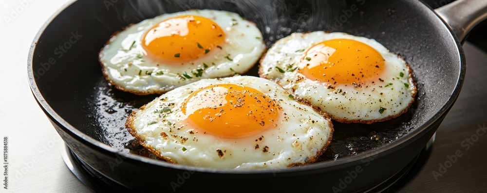 A skillet with three fried eggs, each having bright yellow yolks, garnished with herbs and spices, sizzling in a non-stick pan. A skillet with three fried eggs, each having bright yellow yolks, garnished with herbs and spices, sizzling in a non-stick pan.
