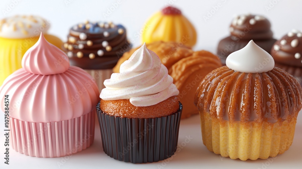 6.A detailed 3D render of delicious desserts including a crisp cookie, a golden canelé, a soft madeleine, and a creamy cupcake. Each dessert item is presented in vibrant colors with intricate 6.A detailed 3D render of delicious desserts including a crisp cookie, a golden canelé, a soft madeleine, and a creamy cupcake. Each dessert item is presented in vibrant colors with intricate
