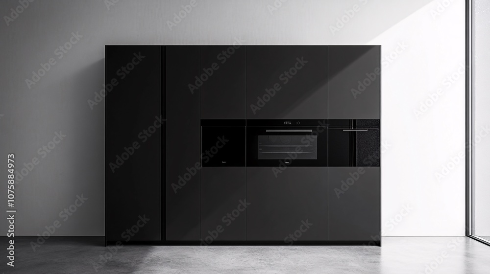 109.A high-end kitchen in Slotenslaan featuring a striking black cabinet with built-in ovens, surrounded by clean, neutral wall tones. The contemporary design showcases a perfect balance between 109.A high-end kitchen in Slotenslaan featuring a striking black cabinet with built-in ovens, surrounded by clean, neutral wall tones. The contemporary design showcases a perfect balance between