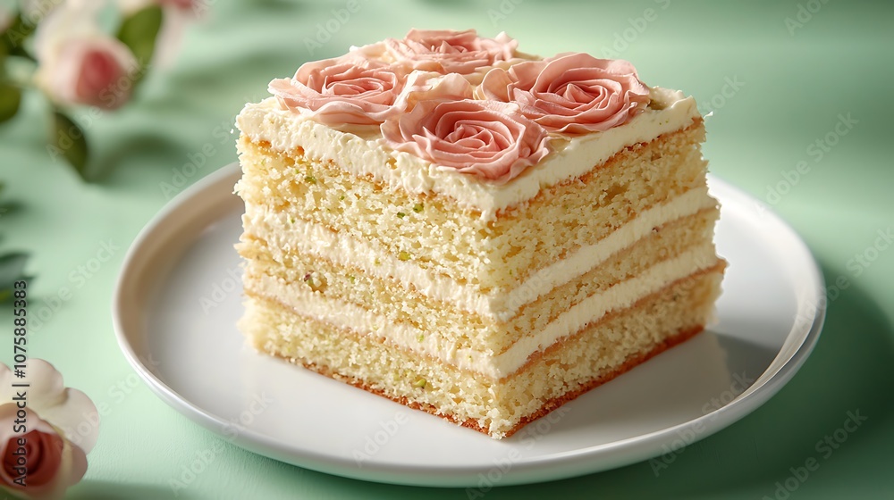 Delicious Cake Slice with Pink Rose Buttercream Decoration Delicious Cake Slice with Pink Rose Buttercream Decoration