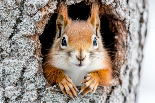 curious young squirrel sitting on tree tree trunk in winter forest, closeup view , isolated on white background,  , copy space, copy space for text, photo